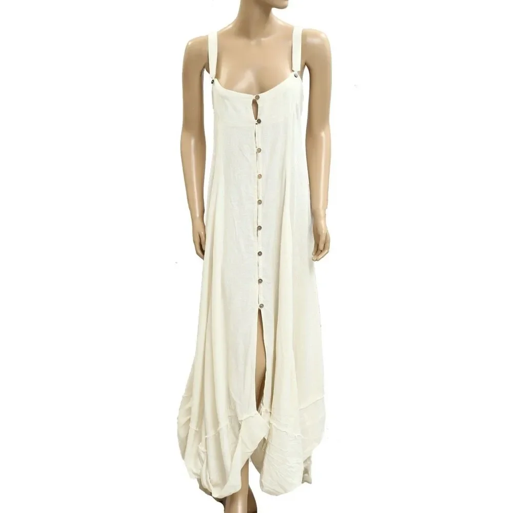 Free People What A Breeze Midi Dress Buttondown Smocked Sleeveless XS 281609